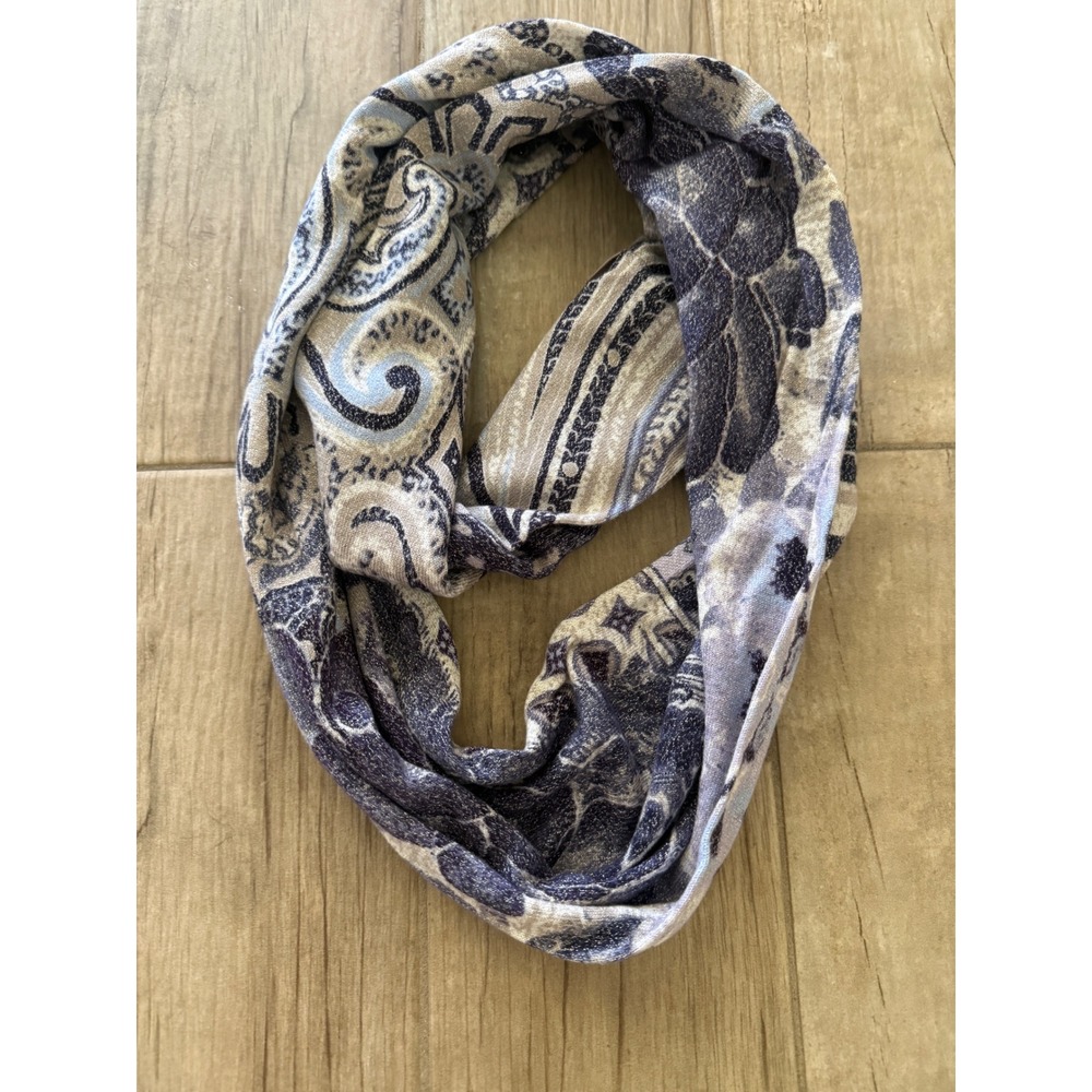 CHICO'S Navy Blue Paisley Floral Infinity Scarf Lightweight Boho Scarf Grey BluE